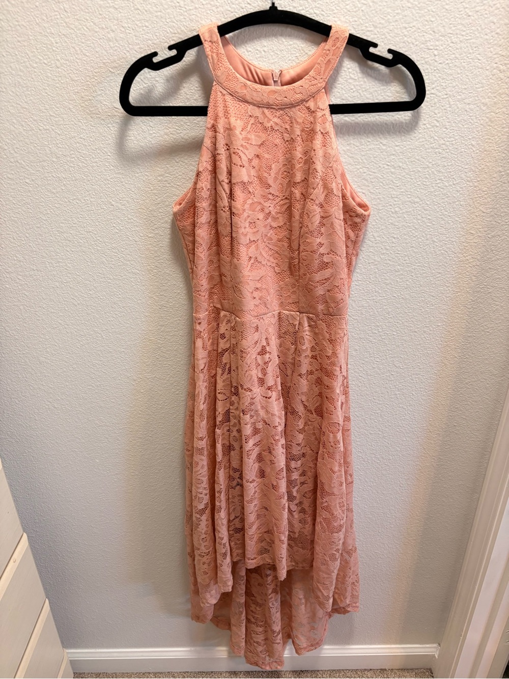 Amazon Peach Lace High-Neck Midi Dress